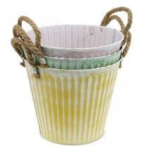 Bucket for planting, planter with handles, metal decoration pink/green/yellow shabby chic Ø16.5 cm H15 cm set of 3