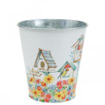 Product Metal pot with motif, planter with birdhouses, tin bucket H13cm Ø11.5cm