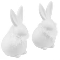 Product Ceramic Rabbit White Sitting Flowers Feathers 9×7×14cm 2pcs