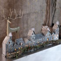Product Metal House Row with Tealight Holders, Silver, 68 cm, Advent Decoration