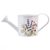 Product White metal watering can with floral motif, 13.5cm, decorative planter