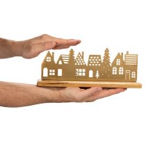 Product Metal House Silhouette Decoration on Wooden Base 29cm Matte Gold