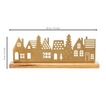 Product Metal House Silhouette Decoration on Wooden Base 29cm Matte Gold