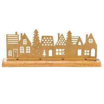 Product Metal House Silhouette Decoration on Wooden Base 29cm Matte Gold