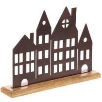 Product Metal Row of Houses Decoration with Wooden Base 30cm, Copper-Coloured