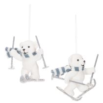 Product Polar Bear Skiing Hanging Ornaments with Scarf, 10cm, Set of 2, White and Blue-Grey, Indoor Decoration