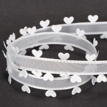 Product White Decorative Ribbon with Heart Motif, 20mm x 15m, Polyester