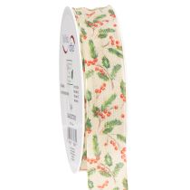 Product Holly and Berry Decorative Ribbon with Wired Edges 25mm x 18m Beige