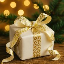 Product Ribbon Leopard Print Silk Ribbon Cream Gold 15mm 18m