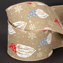 Product Decorative Ribbon with Christmas Gnomes on Jute-Style Fabric 60mm x 10m