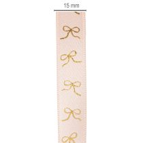 Product Pink Ribbon with Gold Bow Print 15mm x 18m for Indoor Decoration and Gift Wrapping