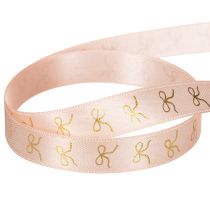 Product Pink Ribbon with Gold Bow Print 15mm x 18m for Indoor Decoration and Gift Wrapping