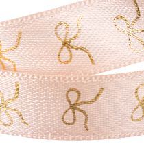 Product Pink Ribbon with Gold Bow Print 15mm x 18m for Indoor Decoration and Gift Wrapping