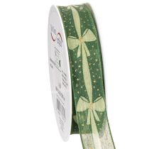 Product Green Fabric Ribbon with Bow and Gold Dots, 25mm x 18m, for Gift Wrapping and Decorations