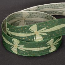 Product Green Fabric Ribbon with Bow and Gold Dots, 25mm x 18m, for Gift Wrapping and Decorations