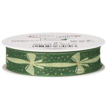 Product Green Fabric Ribbon with Bow and Gold Dots, 25mm x 18m, for Gift Wrapping and Decorations