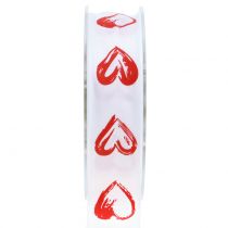 Deco ribbon white with red hearts 25mm 15m