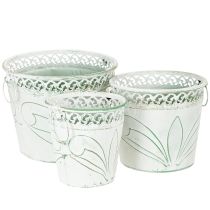Product Embossed metal planter with handles, white and green, shabby chic style, H22/19.5/17.5cm, Ø25.5/20.5/15.5cm, set of 3