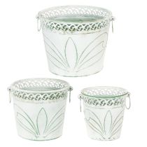 Product Embossed metal planter with handles, white and green, shabby chic style, H22/19.5/17.5cm, Ø25.5/20.5/15.5cm, set of 3
