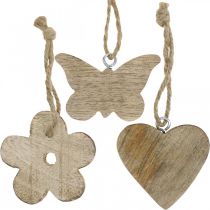 Wooden pendant, flower butterfly heart, spring decoration natural H5.5/4cm 12 pieces