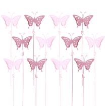 Product Flower Stick Butterfly Metal Pink L24cm 12 Pcs