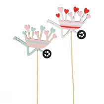 Flower plug wheelbarrow wooden hearts colored 9x6.5cm 12pcs