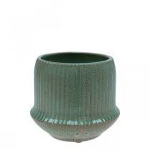 Flower pot ceramic planter grooves green Ø10cm H8.5cm