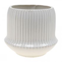 Flower pot ceramic planter with grooves white Ø14.5cm H12.5cm