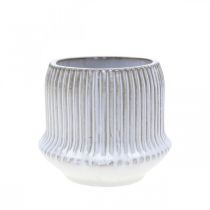 Flower pot ceramic planter with grooves white Ø12cm H10.5cm
