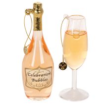 Product Glass Champagne Bottle and Glass Bauble Set - 14cm Ornament for Christmas Tree