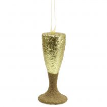 Hanger champagne glass light gold glitter 15cm New Years Eve and Christmas
