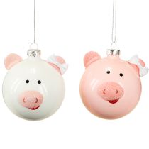 Product Christmas tree bauble pig pink white glass ball Ø8cm 2pcs