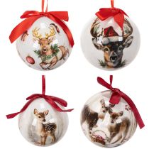 Product Set of 4 Plastic Christmas Baubles with Deer Motif and Hanging Ribbons, 7 cm