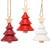 Product Christmas tree decorations fir tree wood red white 7.5cm 6 pieces