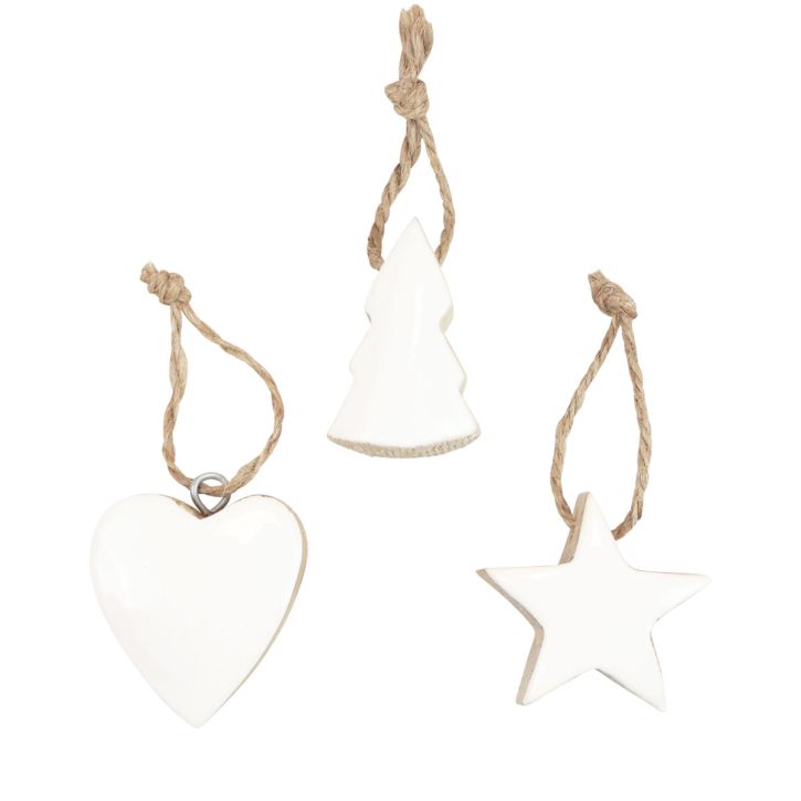 Product Christmas tree decorations wood mix heart star fir tree white, natural 5cm 27 pcs