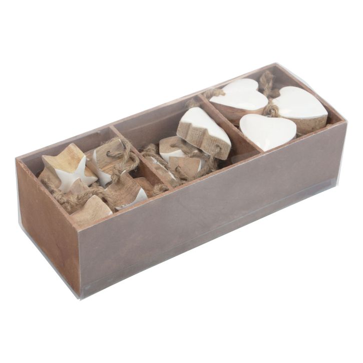 Product Christmas tree decorations wood mix heart star fir tree white, natural 5cm 27 pcs