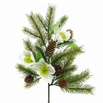 Artificial fir branch with Christmas roses and cones L36cm