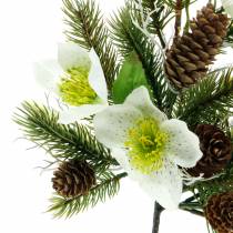 Artificial fir branch with Christmas roses and cones L36cm