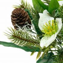 Product Artificial Christmas rose bouquet with fir tree and cones H26cm