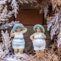 Decorative figure ladies on the beach, summer decoration, bathing figures with hat blue/white H15/15.5cm set of 2