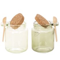 Product Decorative glass with cork lid and spoon, green, Ø7cm, H10cm, 2 pieces