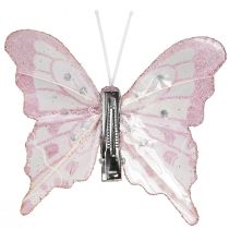Product Decorative butterflies made of feathers pink glitter 7.5x7cm 4 pcs