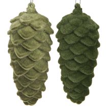 Product Decorative cone hanger pine cones green flocked 11.5cm 6 pcs
