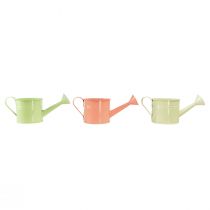 Product Decorative watering can set in pastel salmon, green, yellow-green - metal planter Ø11cm H10cm, 8 pieces