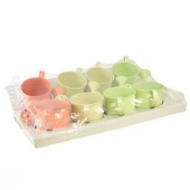 Product Decorative watering can set in pastel salmon, green, yellow-green - metal planter Ø11cm H10cm, 8 pieces
