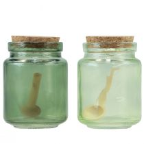 Product Decorative glass with cork lid and spoon green Ø7cm H10cm 2pcs