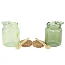 Product Decorative glass with cork lid and spoon green Ø7cm H10cm 2pcs