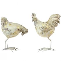 Product Decoration Chickens White Gold Rooster Hen Vintage L13cm 2 Pcs