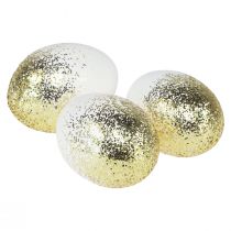Decorative Easter eggs real goose egg white with gold glitter H7.5–8.5cm 10pcs