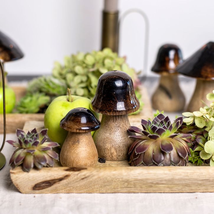 Product Decorative mushrooms wooden mushrooms brown gloss effect autumn decoration H6/8/10cm